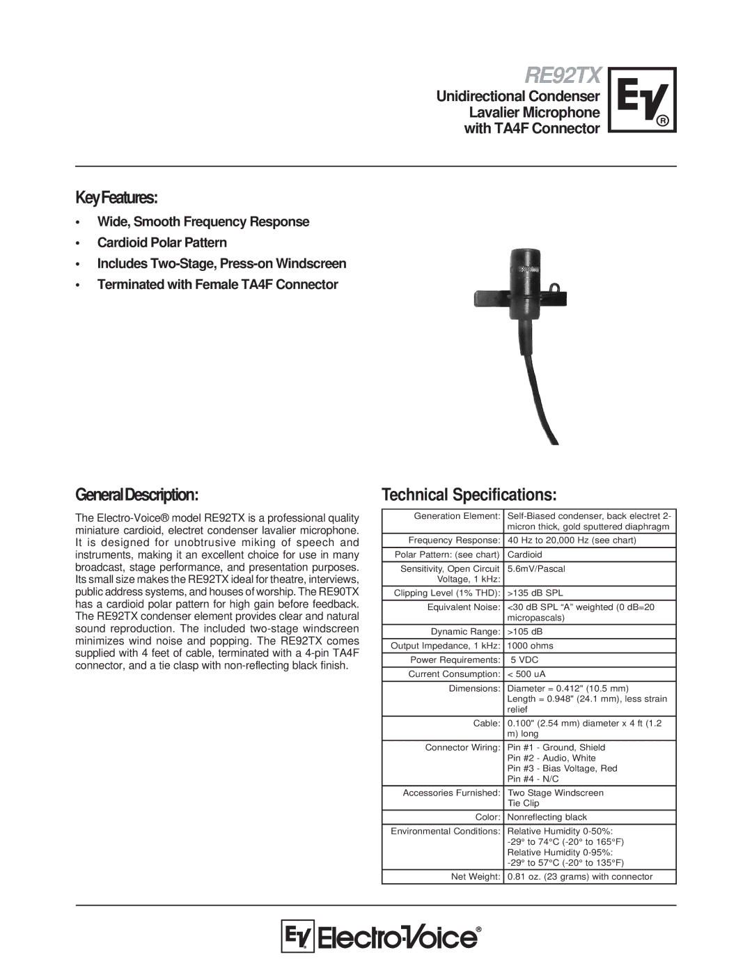 Electro-Voice RE92TX technical specifications KeyFeatures, GeneralDescription, Technical Specifications 