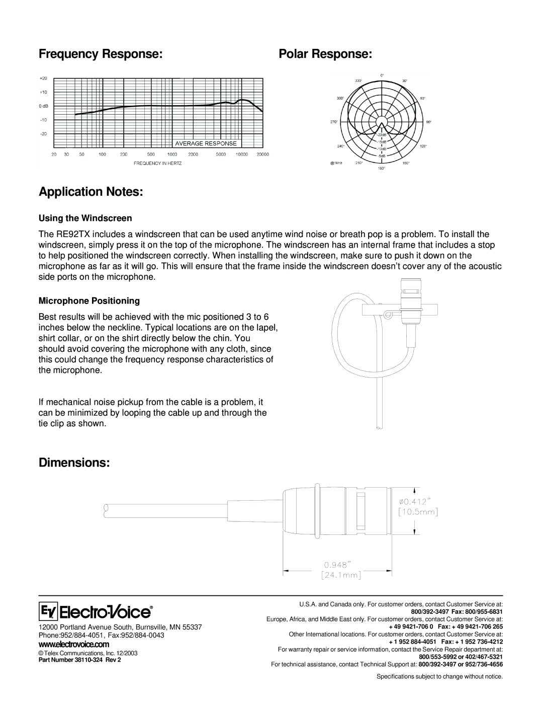 Electro-Voice RE92TX Frequency Response, Application Notes, Dimensions, Using the Windscreen, Microphone Positioning 