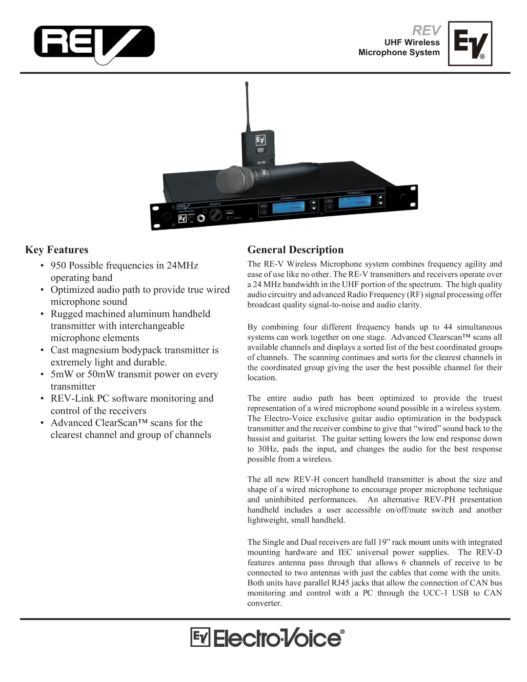 Electro-Voice REV manual Key Features, General Description 