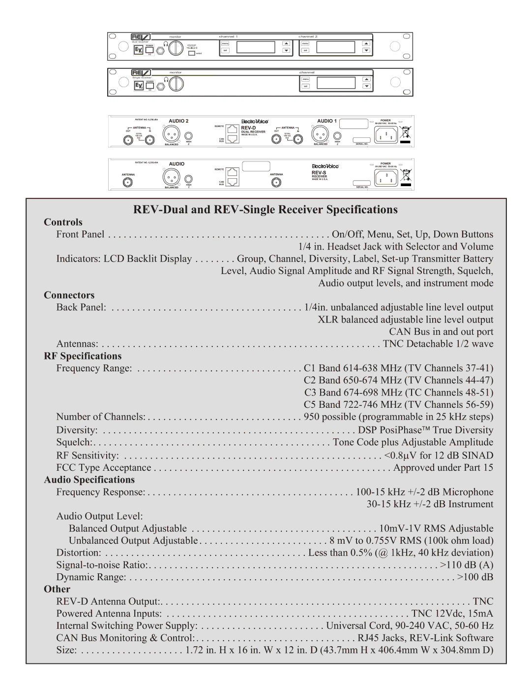 Electro-Voice REV manual Controls, Connectors, RF Specifications, Audio Specifications, Other 