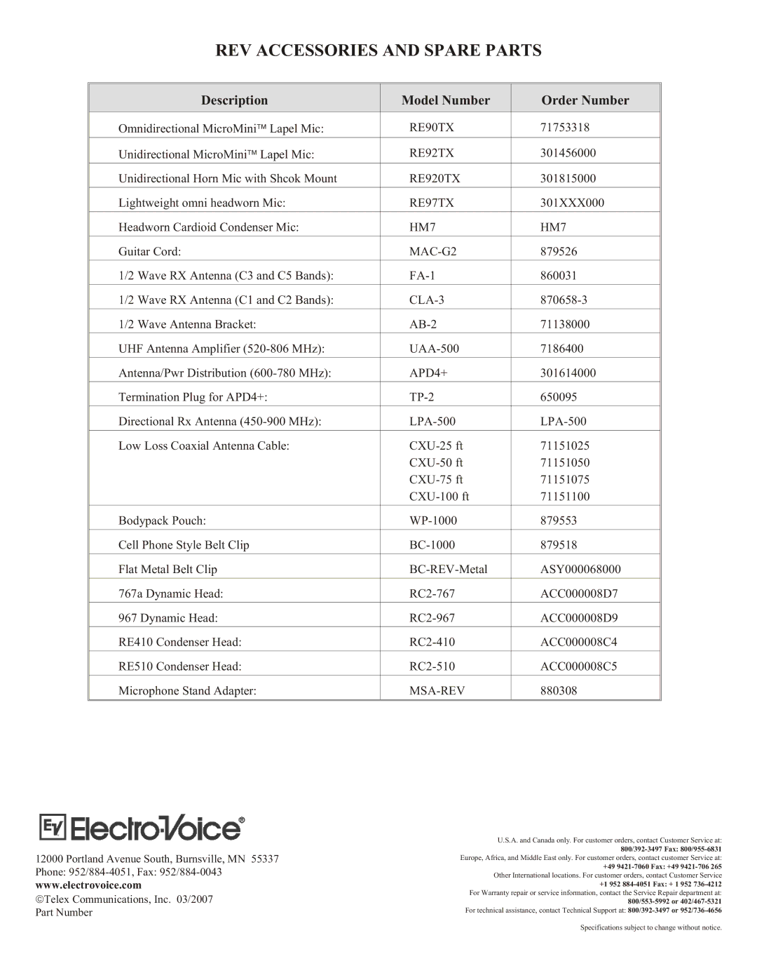 Electro-Voice REV manual RE90TX, RE92TX, RE920TX, RE97TX, HM7, MAC-G2, CLA-3, APD4+, Msa-Rev 