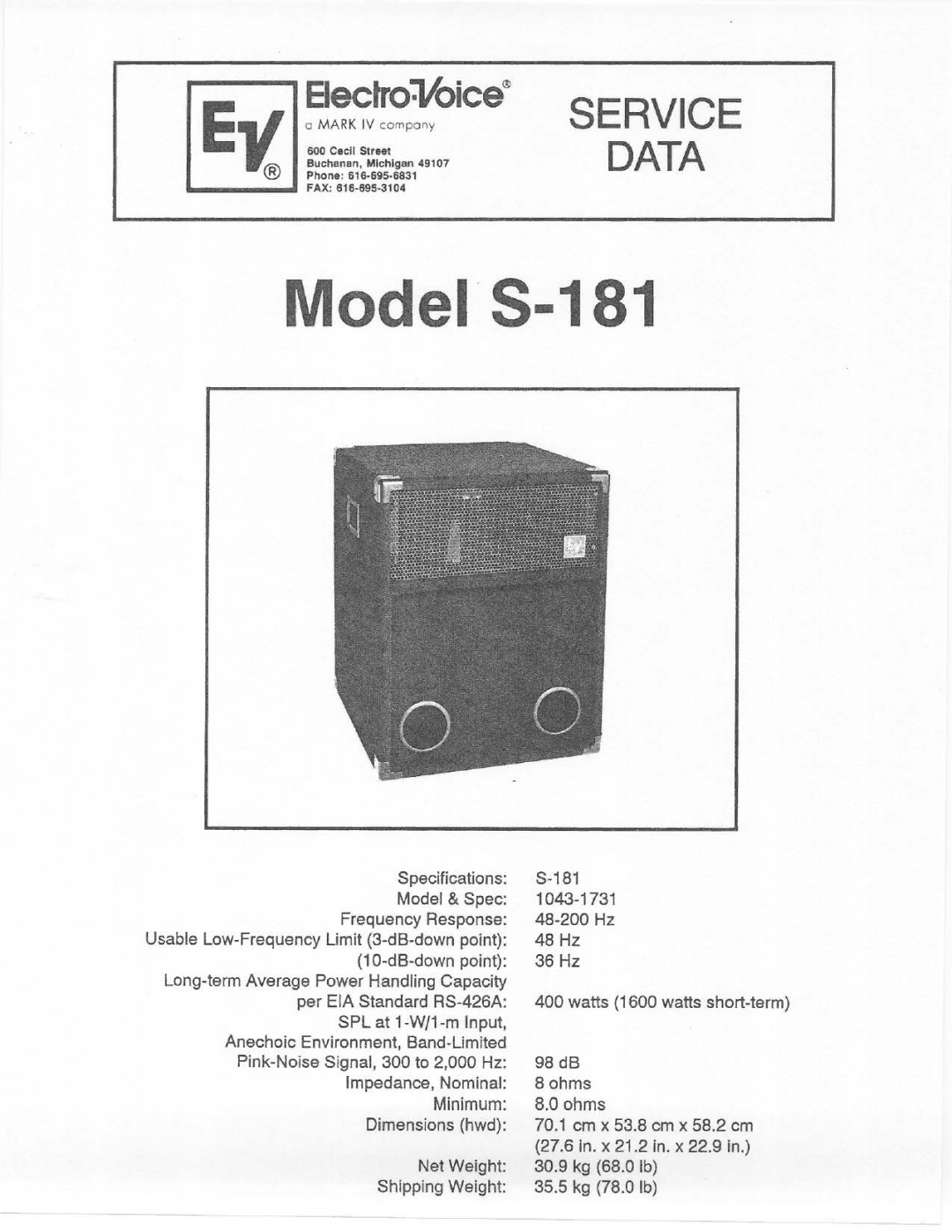 Electro-Voice S-181 manual 