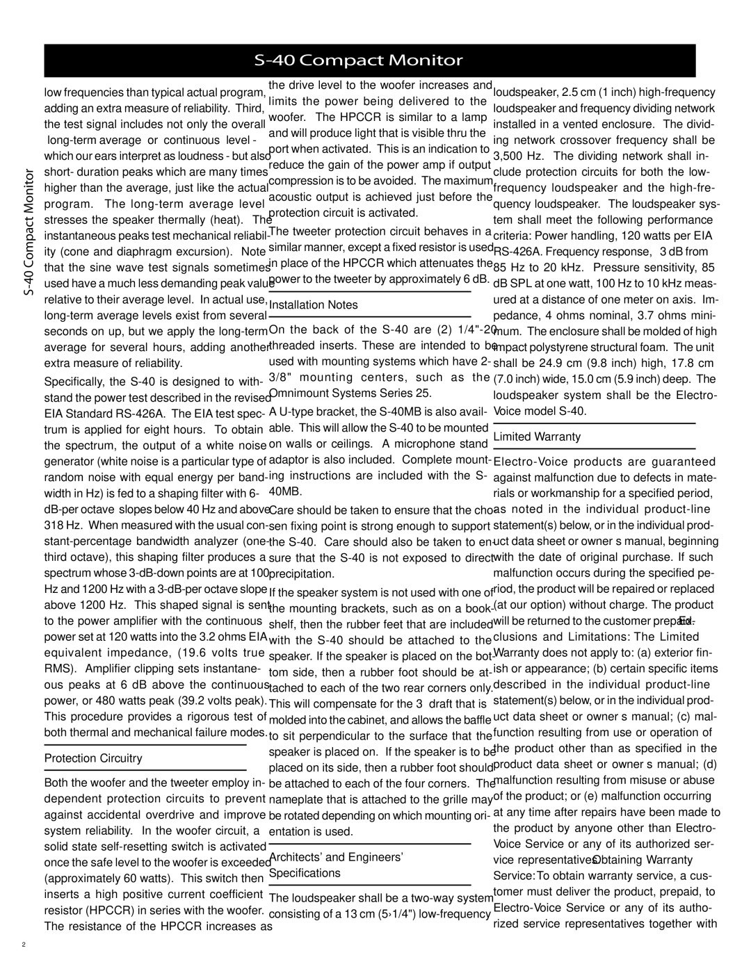 Electro-Voice S-40 Protection Circuitry, Installation Notes, Architects and Engineers Specifications, Limited Warranty 