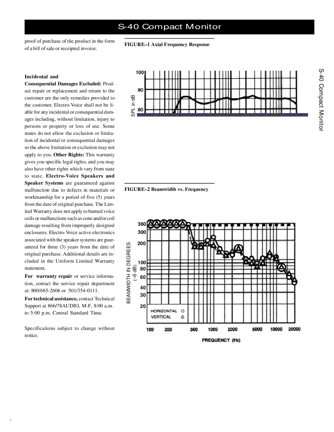 Electro-Voice S-40 manual Incidental, Axial Frequency Response 