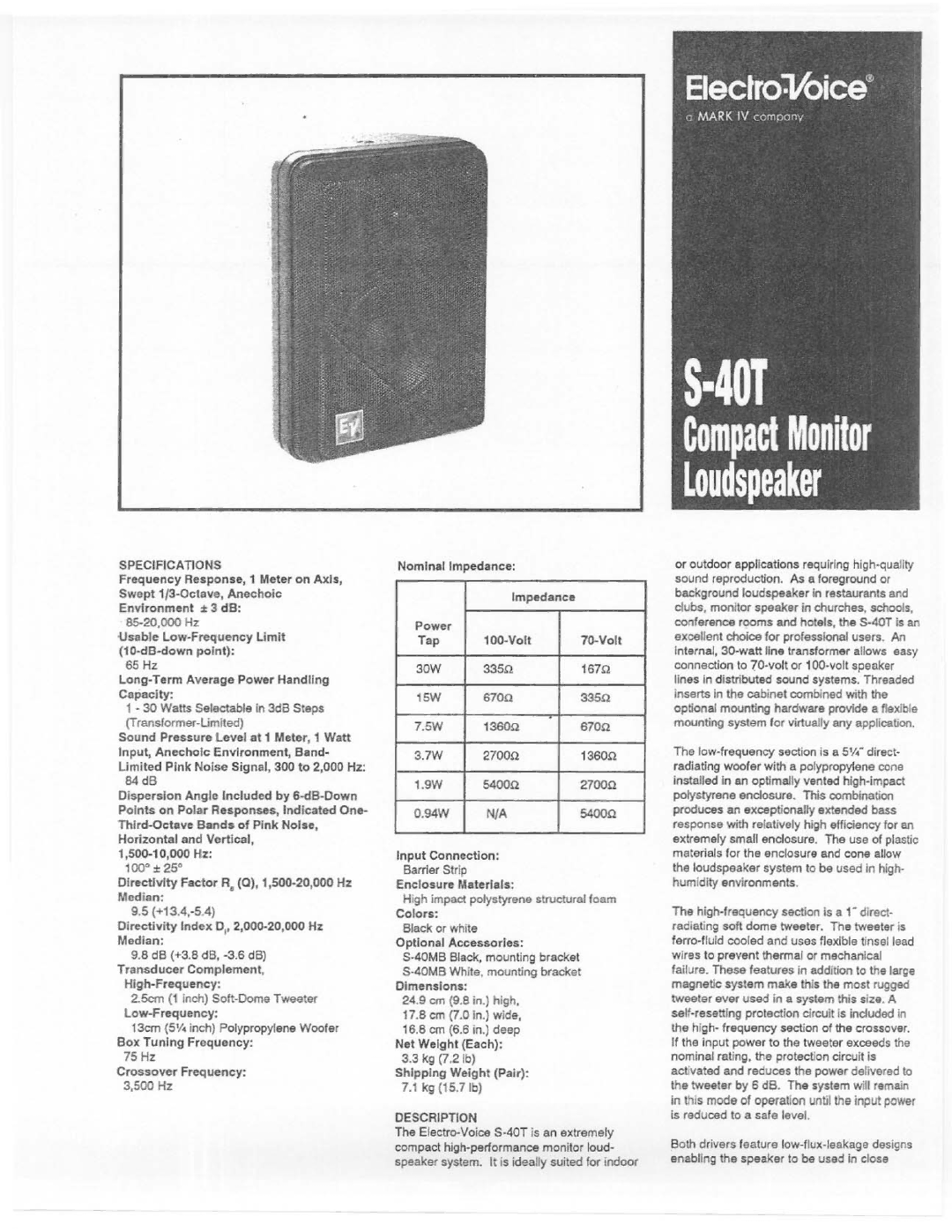 Electro-Voice S-40T manual 