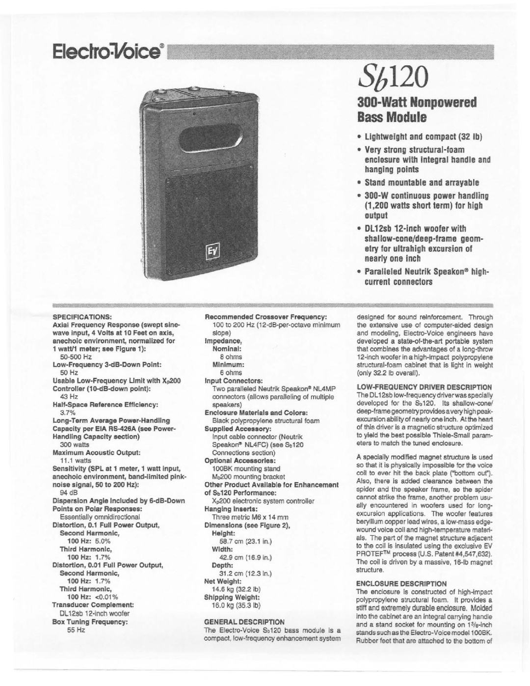 Electro-Voice Sb120 manual 