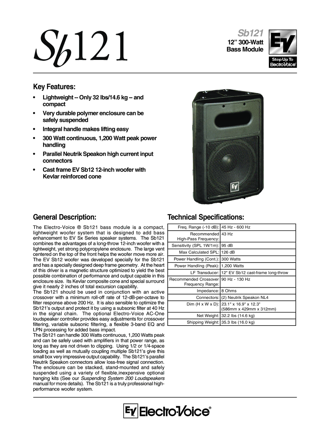 Electro-Voice SB121 technical specifications Sb121, Key Features, General Description, Technical Specifications 