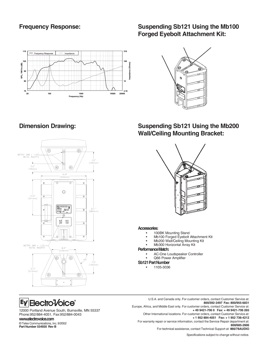 Electro-Voice SB121 Frequency Response, Forged Eyebolt Attachment Kit, Wall/Ceiling Mounting Bracket 