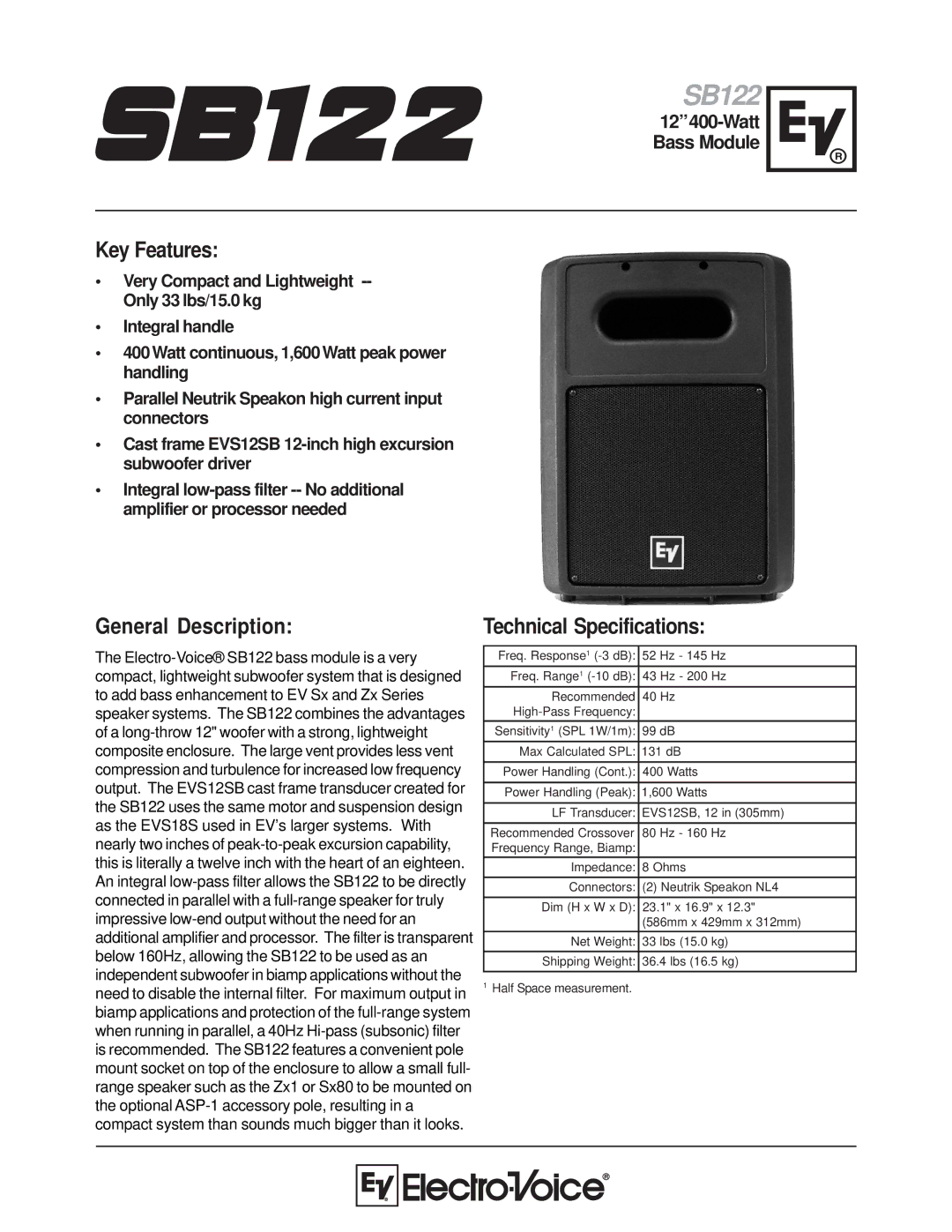 Electro-Voice Sb122 technical specifications SB122, Key Features, General Description, Technical Specifications 