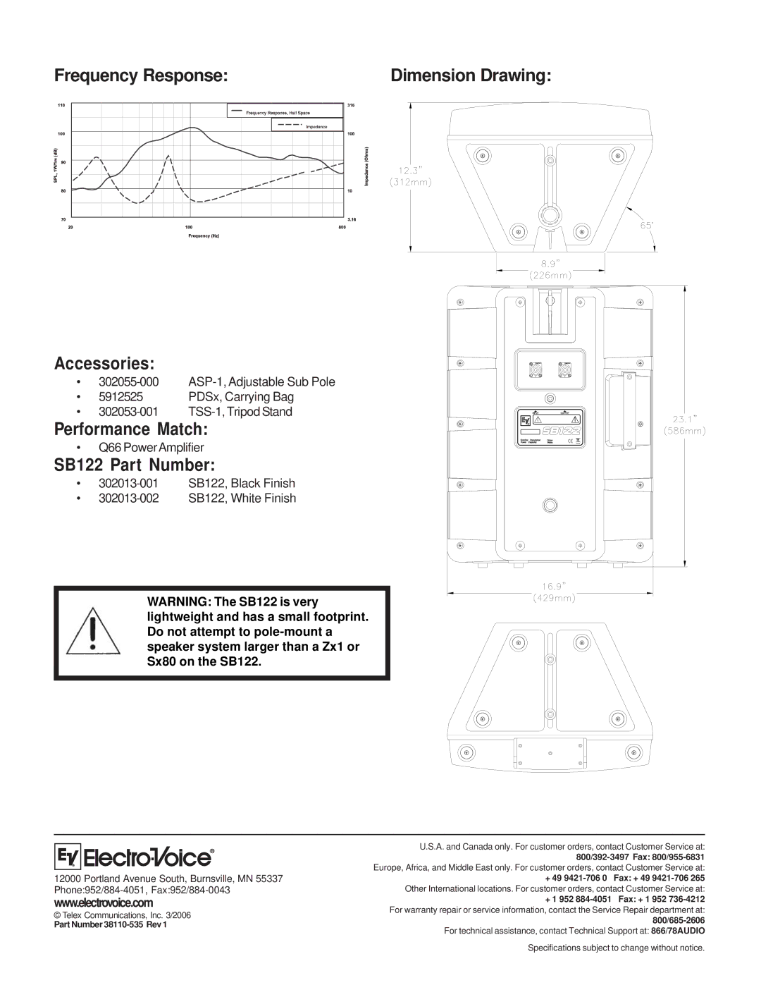 Electro-Voice Sb122 Frequency Response Dimension Drawing Accessories, Performance Match, SB122 Part Number 