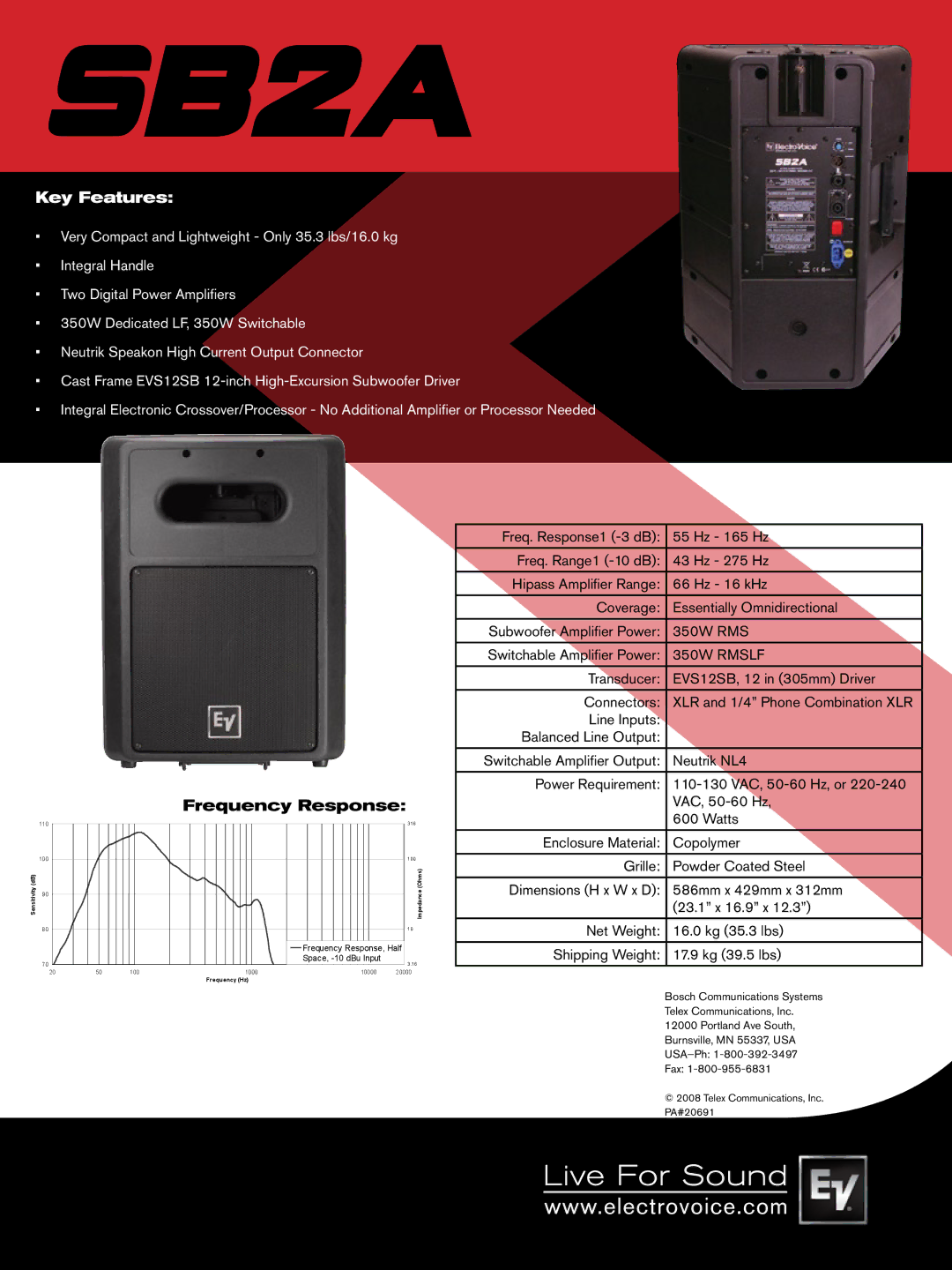 Electro-Voice SB2A manual Key Features, Frequency Response, 350W Rmslf 