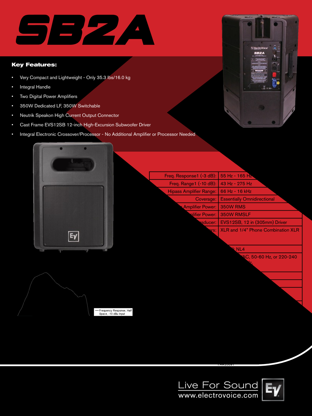 Electro-Voice SB2A manual Key Features, Frequency Response 