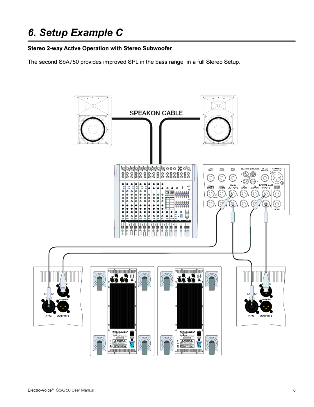 Electro-Voice SBA750 user manual Setup Example C, Stereo 2-way Active Operation with Stereo Subwoofer 