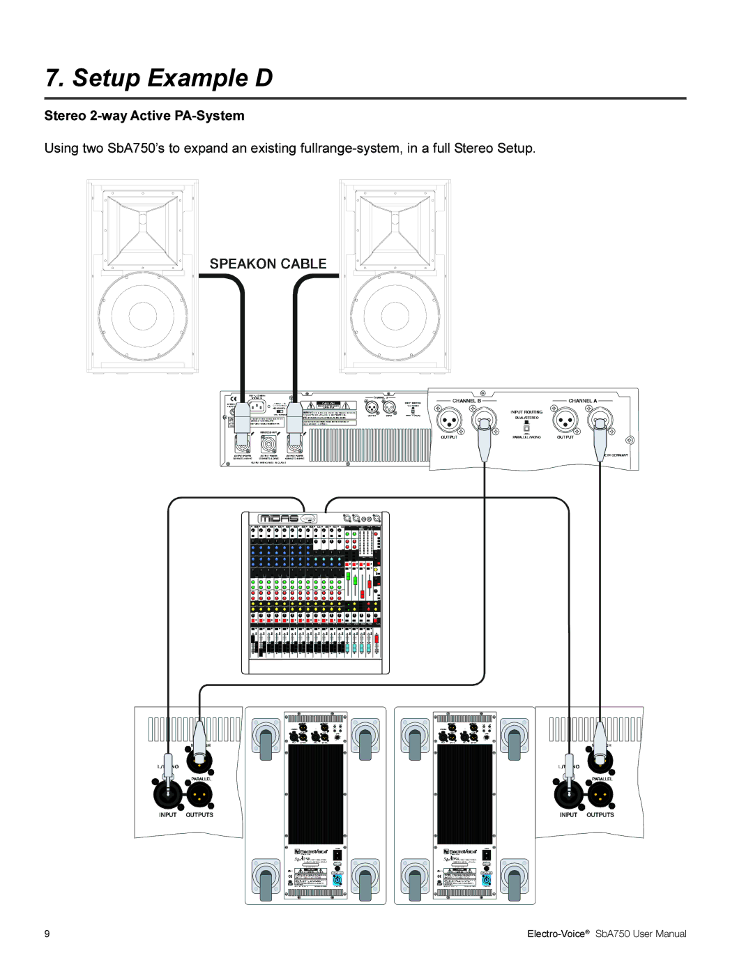 Electro-Voice SBA750 user manual Setup Example D, Stereo 2-way Active PA-System 