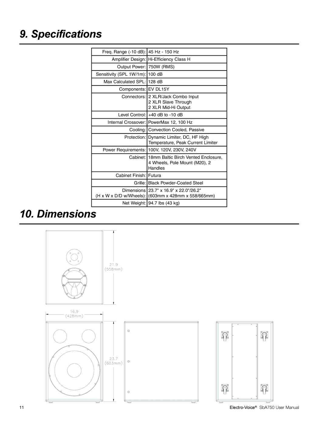 Electro-Voice SBA750 user manual Specifications, Dimensions 