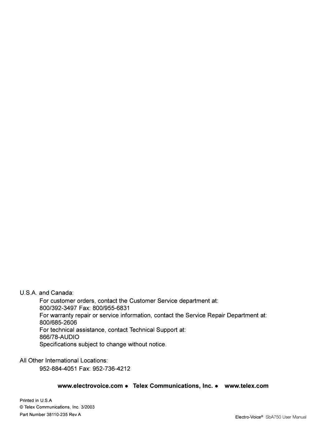 Electro-Voice SBA750 user manual 