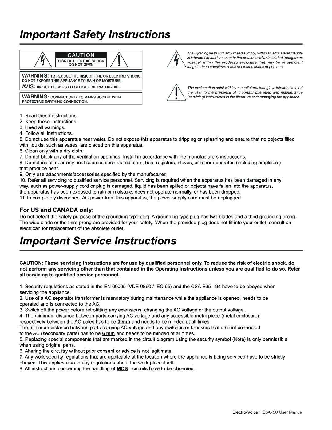 Electro-Voice SBA750 user manual Important Safety Instructions, Important Service Instructions, For US and Canada only 