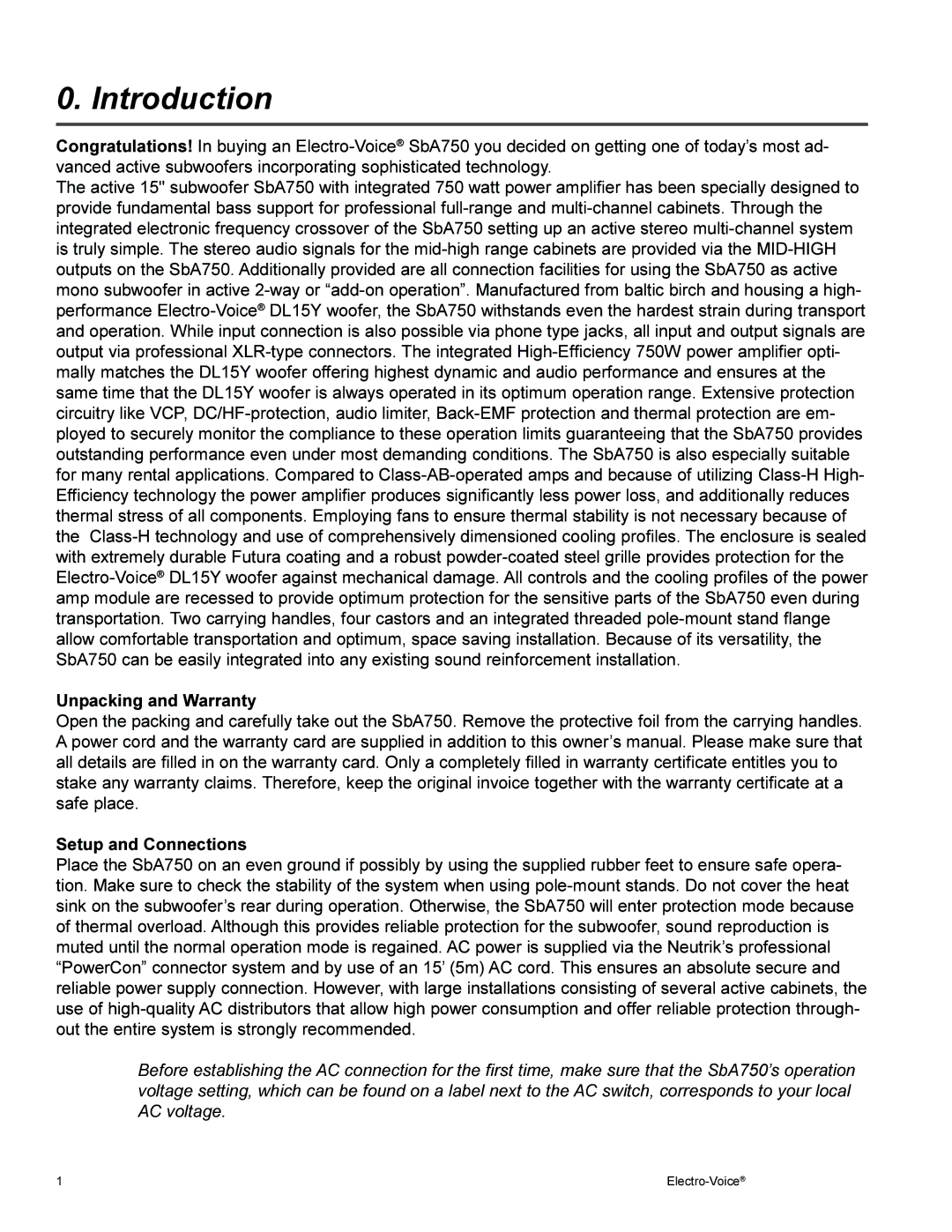 Electro-Voice SBA750 user manual Introduction, Unpacking and Warranty Setup and Connections 