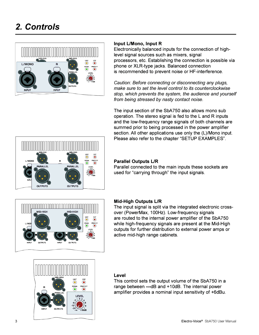 Electro-Voice SBA750 user manual Controls, Input L/Mono, Input R, Parallel Outputs L/R, Mid-High Outputs L/R, Level 