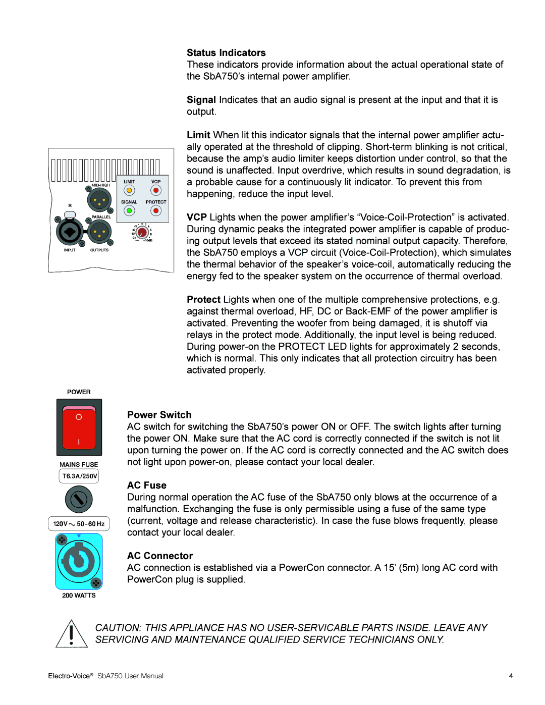 Electro-Voice SBA750 user manual Status Indicators, Power Switch, AC Fuse, AC Connector 