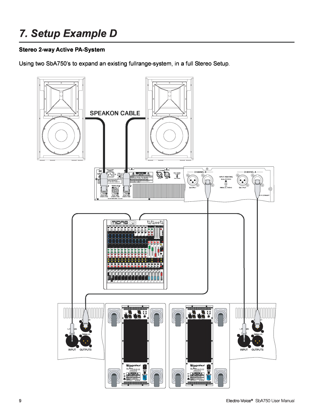 Electro-Voice SBA750 user manual Setup Example D, Stereo 2-wayActive PA-System, Electro-Voice 