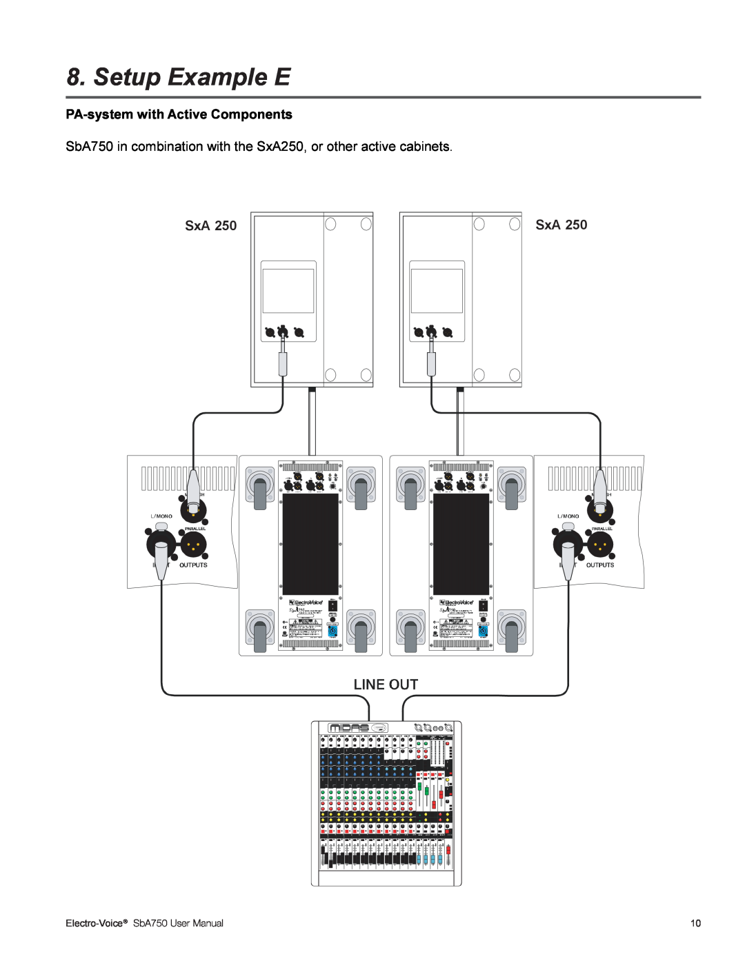 Electro-Voice SBA750 user manual Electro-Voice, Setup Example E, PA-systemwith Active Components 