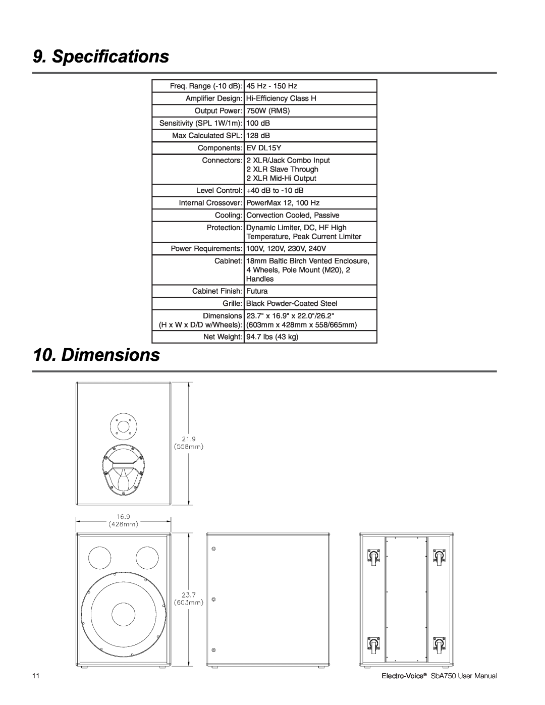 Electro-Voice SBA750 user manual Specifications, Dimensions, Electro-Voice 