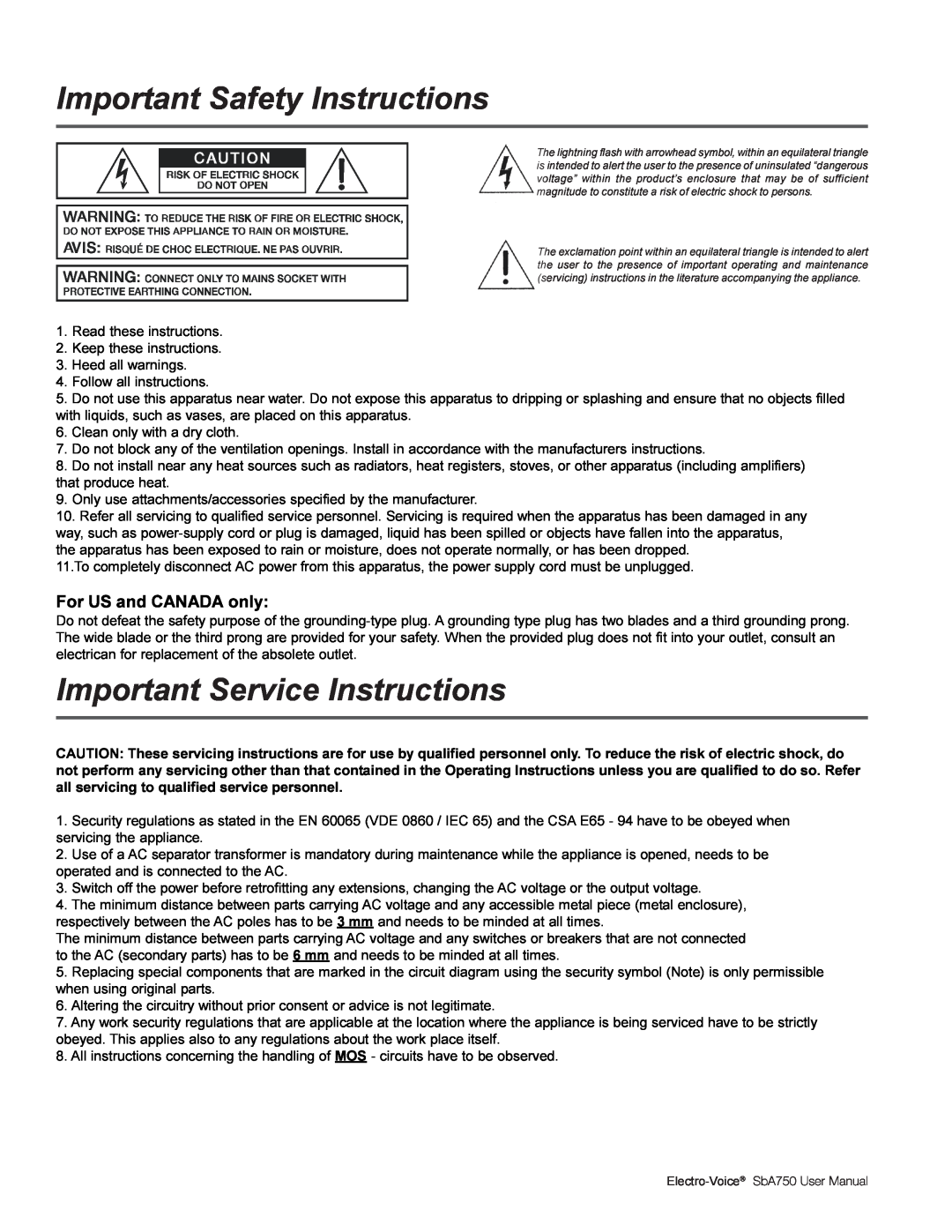 Electro-Voice SBA750 Important Safety Instructions, Important Service Instructions, For US and CANADA only, Electro-Voice 