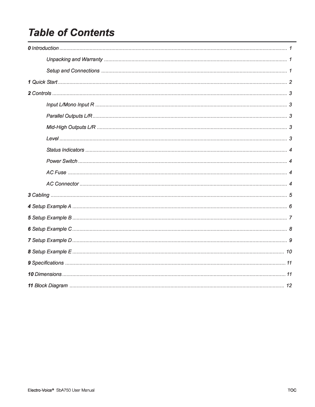 Electro-Voice SBA750 user manual Table of Contents, Electro-Voice 