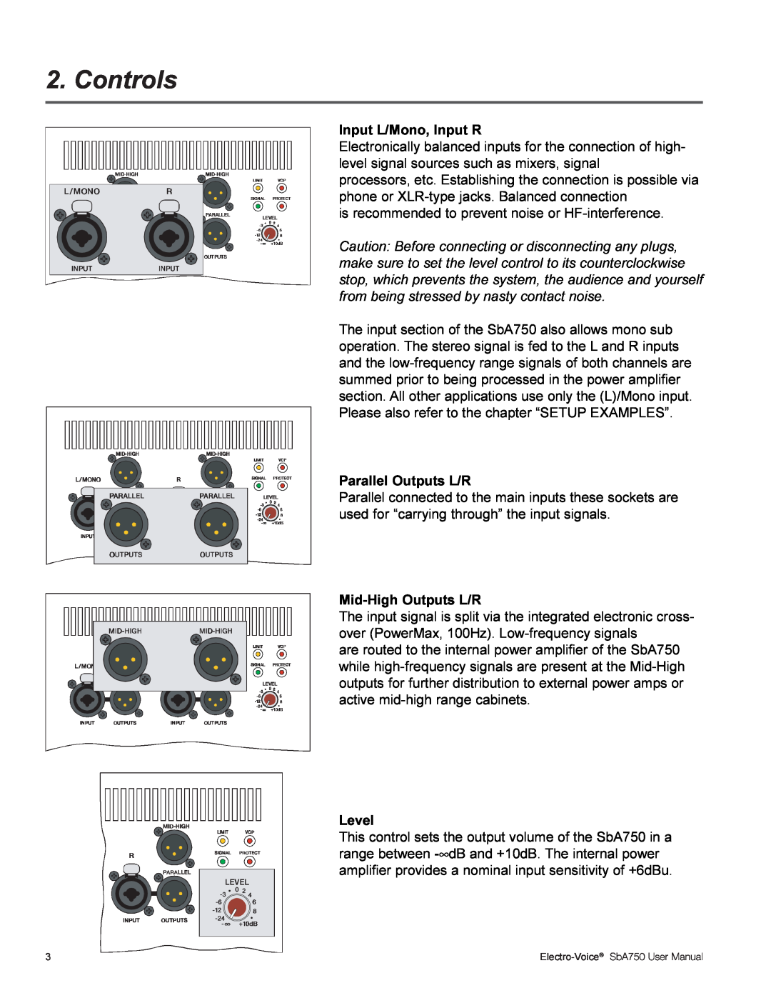 Electro-Voice SBA750 Controls, Input L/Mono, Input R, Parallel Outputs L/R, Mid-HighOutputs L/R, Level, Electro-Voice 