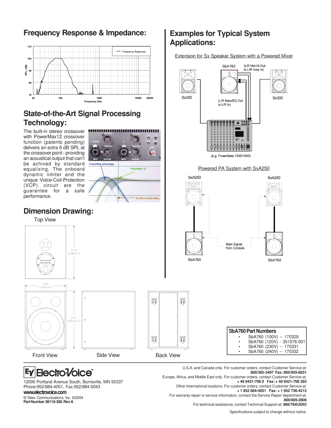 Electro-Voice SbA760 State-of-the-Art Signal Processing Technology, Dimension Drawing, Part Number 38110-356 Rev a 