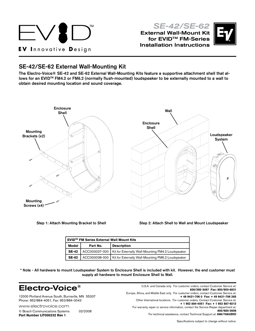 Electro-Voice installation instructions Electro-Voice, SE-42/SE-62 External Wall-Mounting Kit 