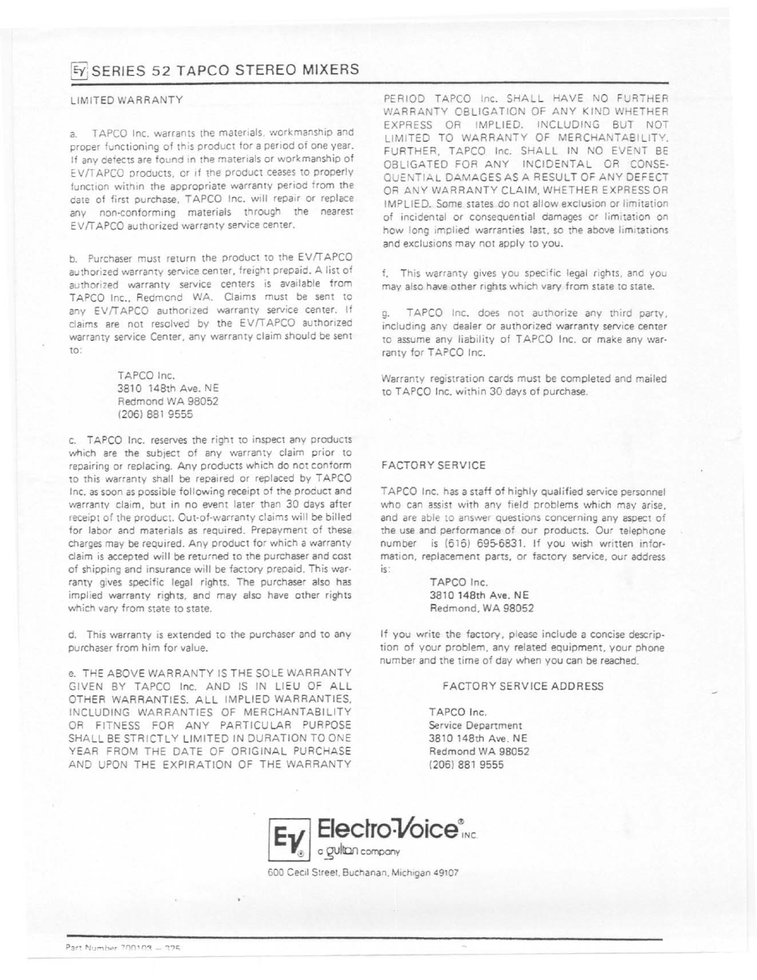 Electro-Voice Series 52 manual 