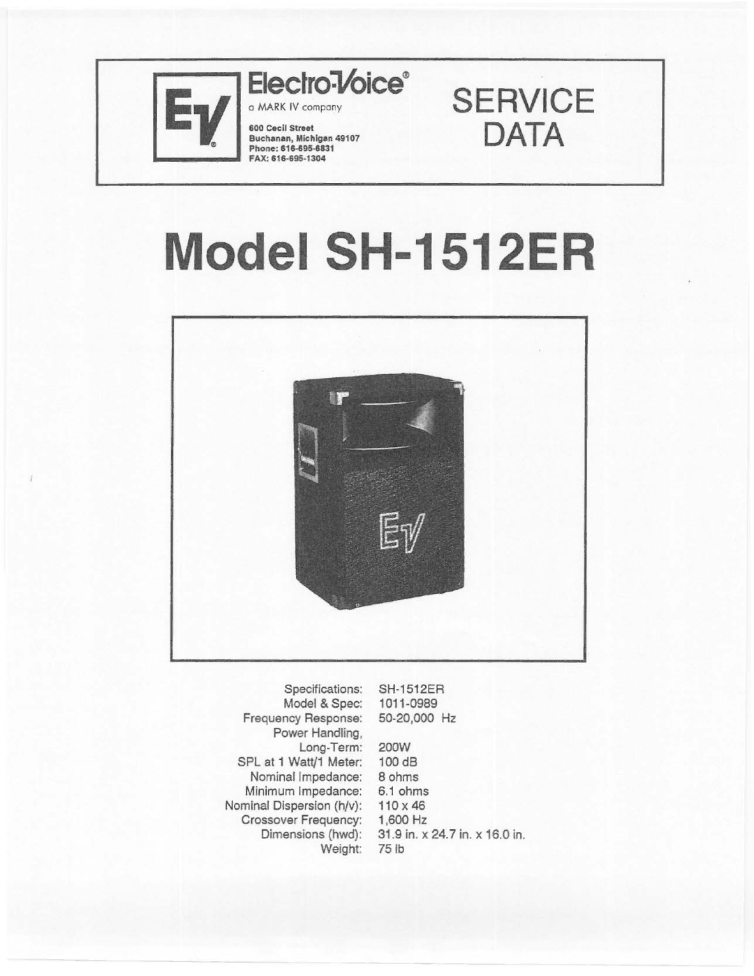 Electro-Voice SH-1512ER manual 