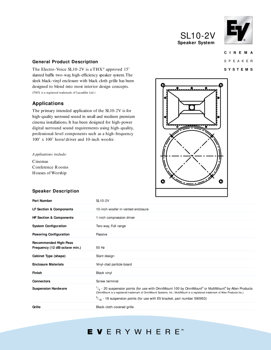 Electro-Voice SL10-2V manual Speaker System, General Product Description, Speaker Description 