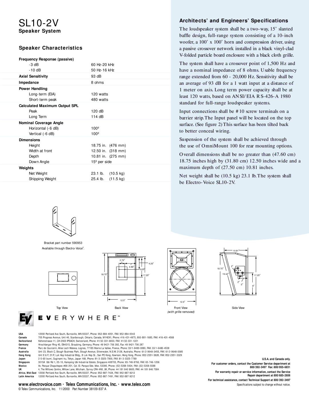 Electro-Voice SL10-2V manual Speaker System Speaker Characteristics, Architects’ and Engineers’ Specifications 