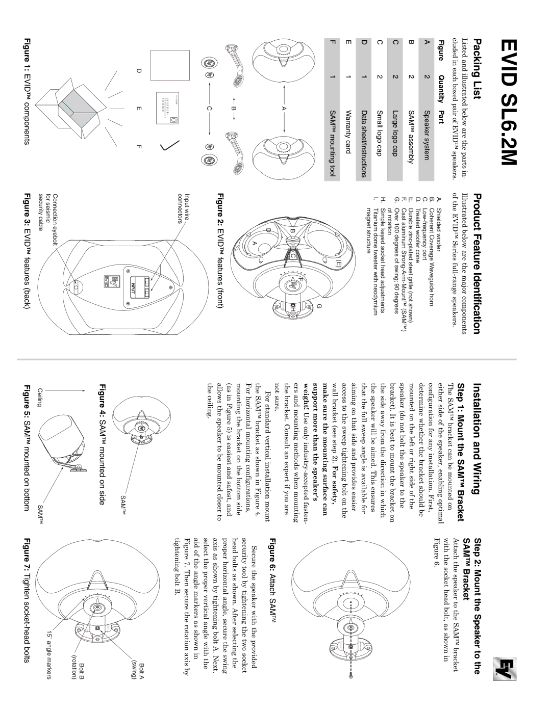 Electro-Voice SL6.2M Packing List, Product Feature Identification, Installation and Wiring, Mount the SAM Bracket 