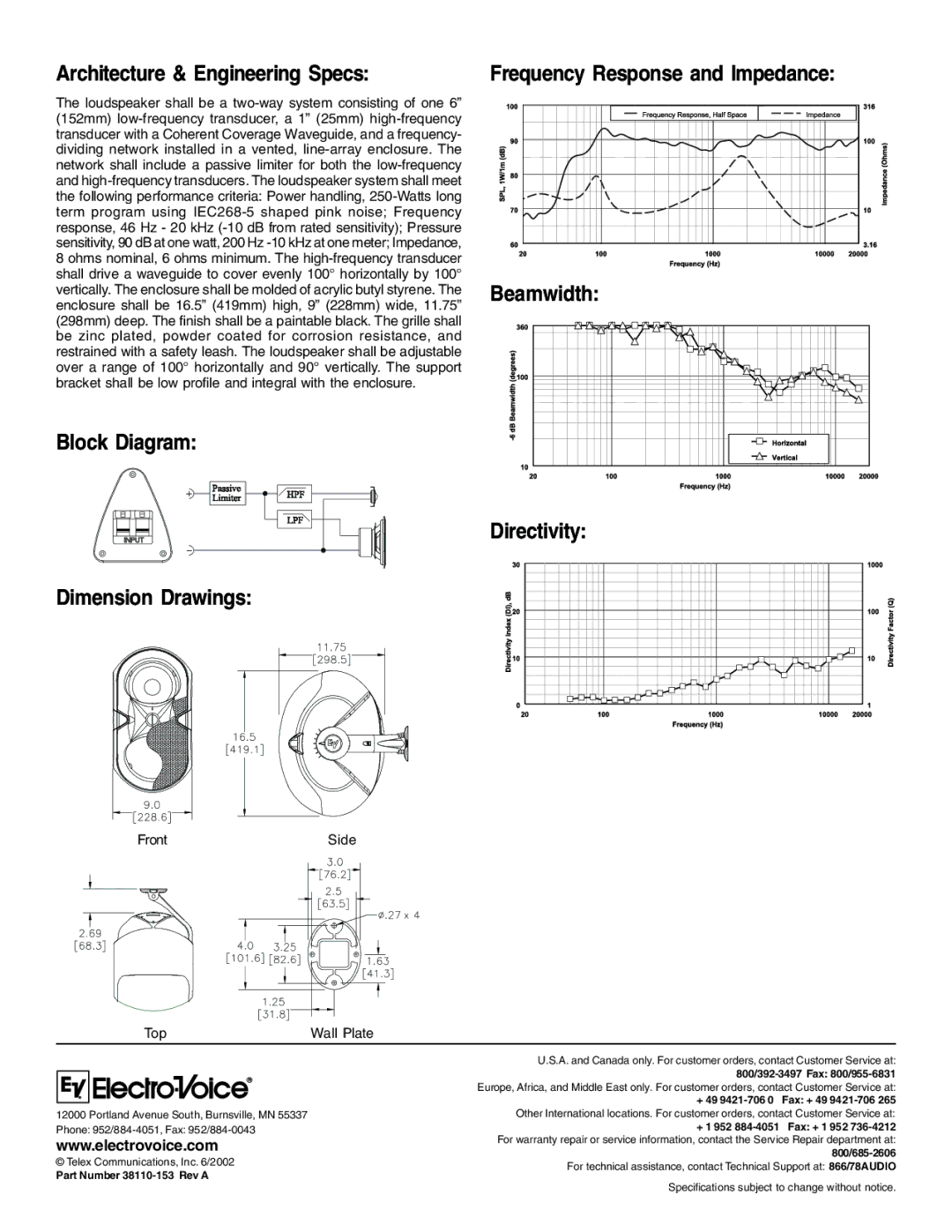 Electro-Voice SL6.2M technical specifications Architecture & Engineering Specs, Directivity 