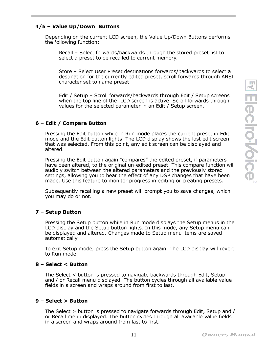 Electro-Voice Speaker System owner manual Value Up/Down Buttons, Edit / Compare Button, Setup Button, Select Button 