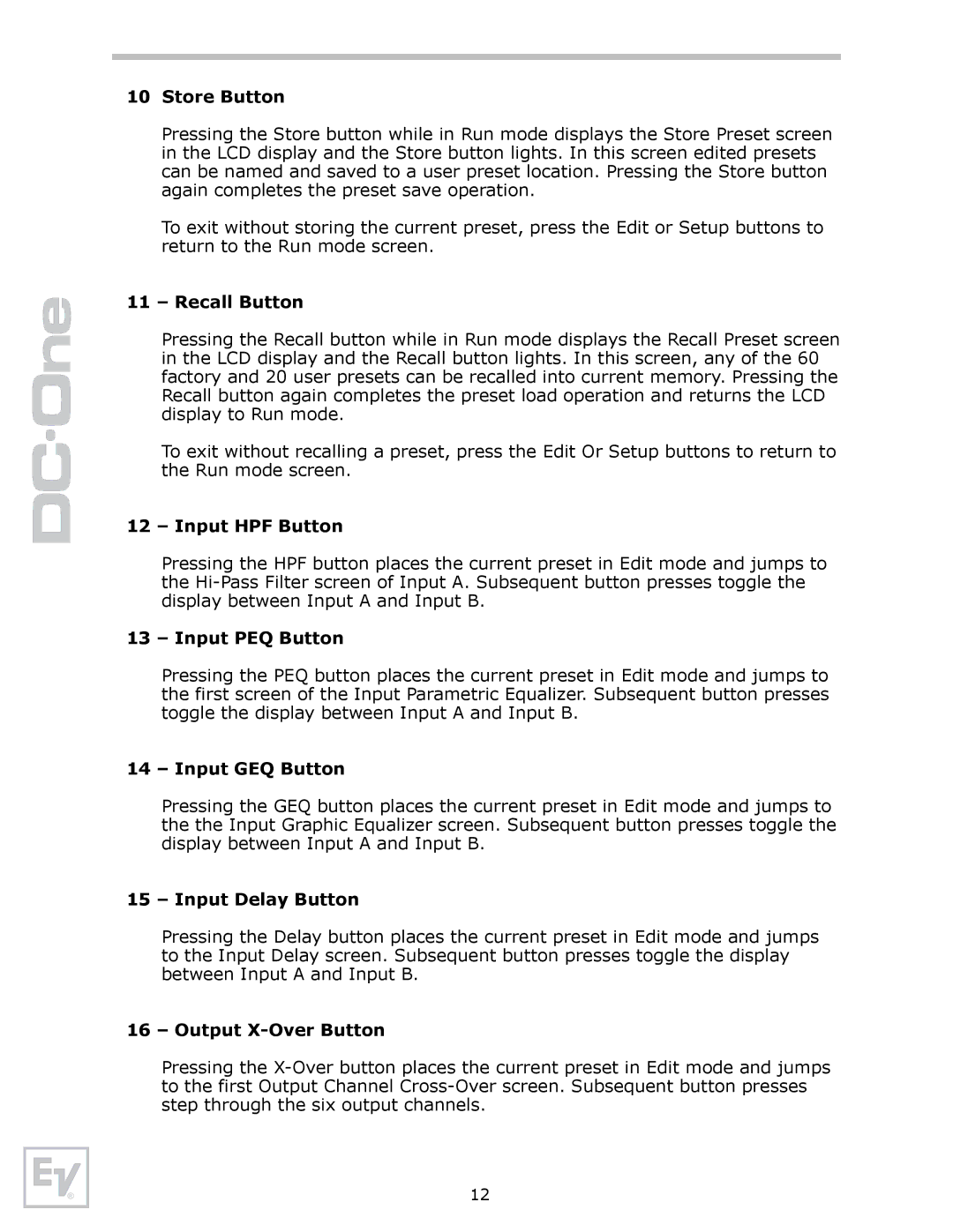 Electro-Voice Speaker System owner manual Store Button, Recall Button, Input HPF Button, Input PEQ Button, Input GEQ Button 