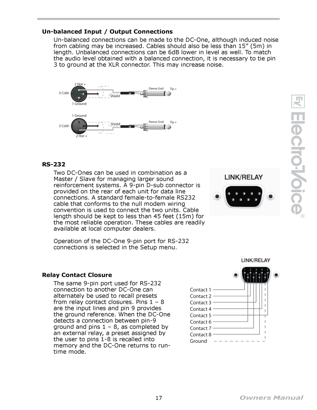 Electro-Voice Speaker System owner manual Un-balanced Input / Output Connections, RS-232, Relay Contact Closure 
