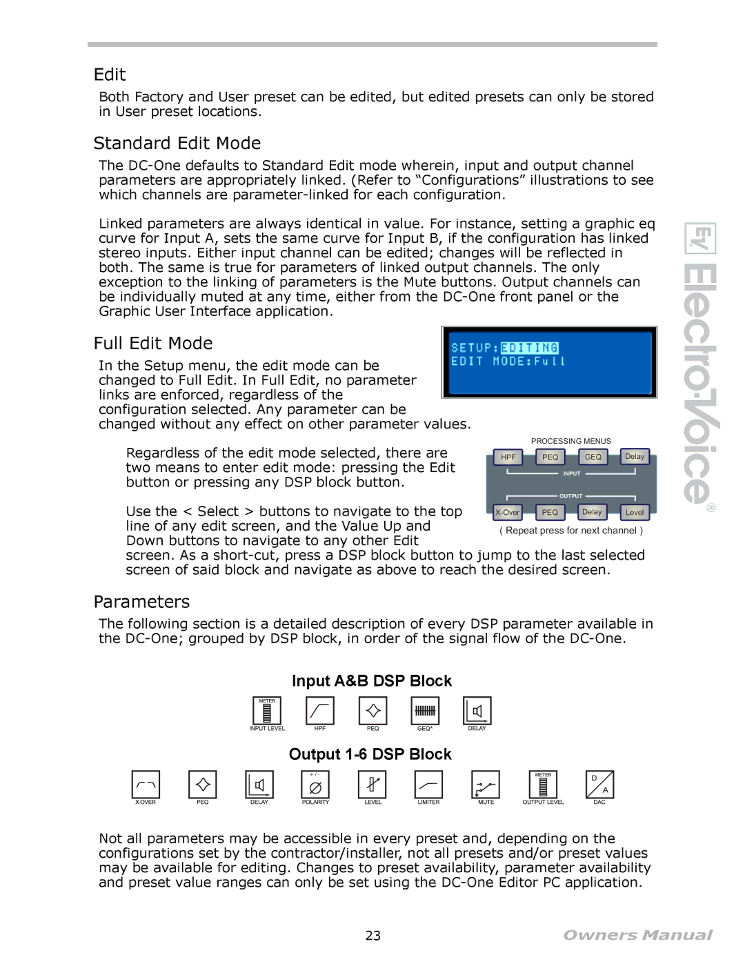 Electro-Voice Speaker System owner manual Standard Edit Mode, Full Edit Mode, Parameters 