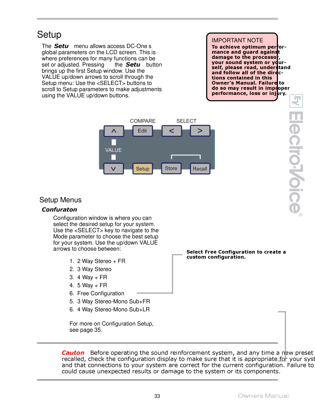 Electro-Voice Speaker System owner manual Setup Menus, Configuration 