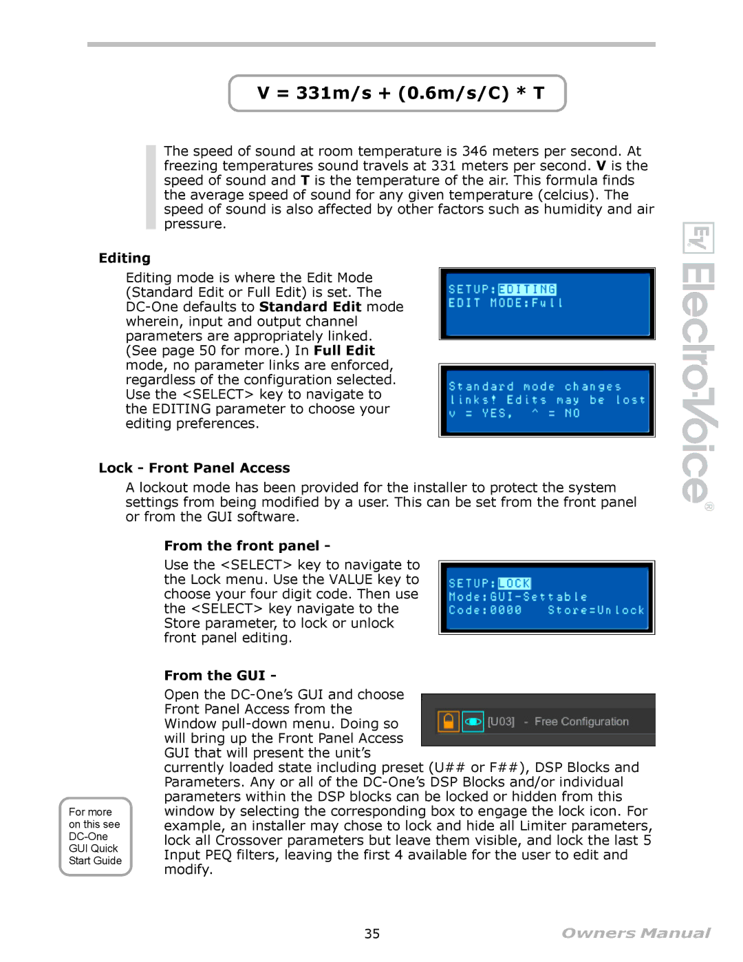 Electro-Voice Speaker System owner manual Editing, Lock Front Panel Access, From the front panel, From the GUI 