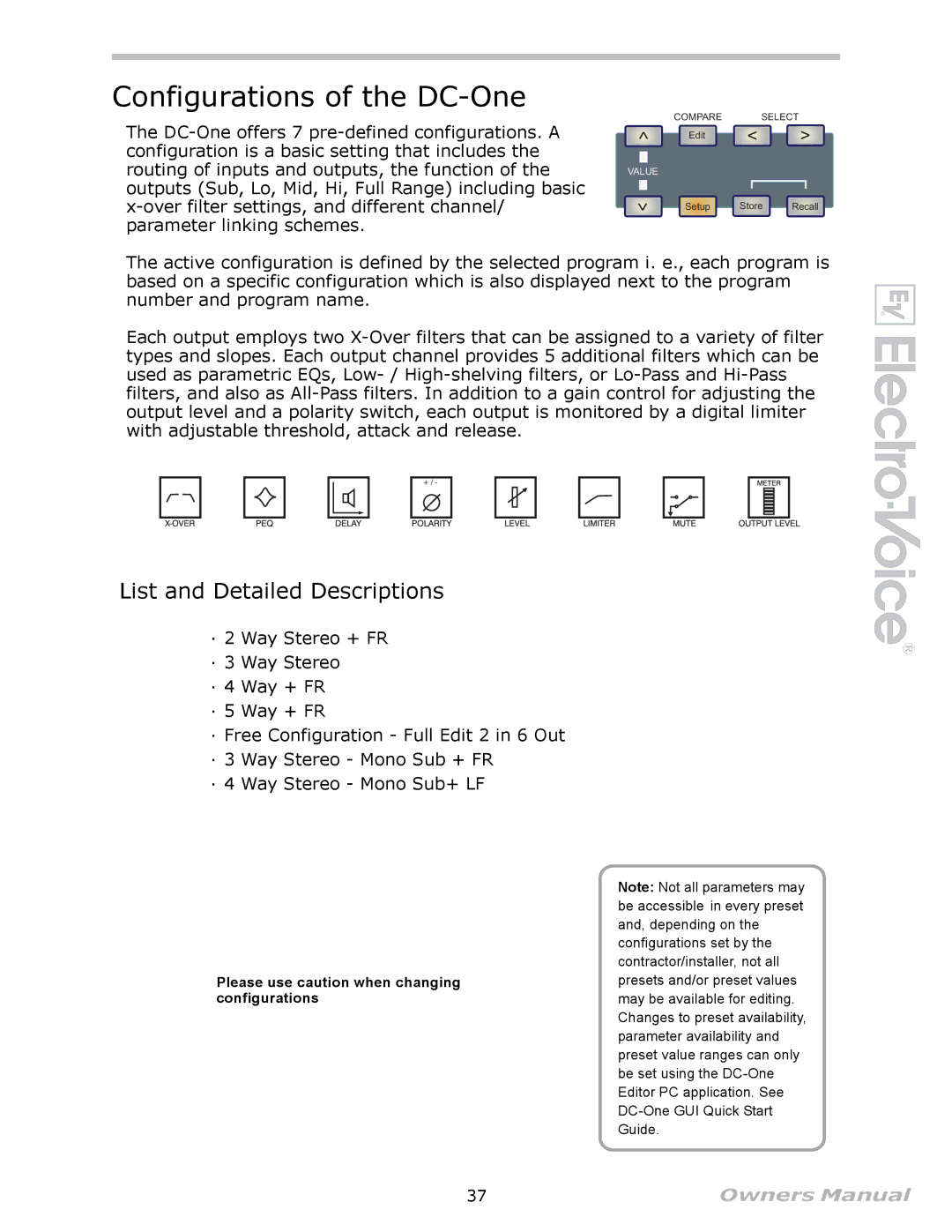 Electro-Voice Speaker System owner manual Configurations of the DC-One, List and Detailed Descriptions 