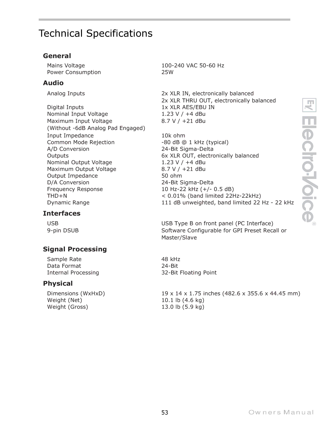 Electro-Voice Speaker System owner manual Technical Specifications, Audio 