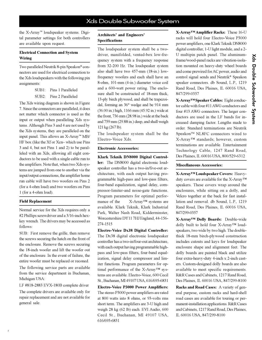 Electro-Voice Speaker manual Electrical Connection and System Wiring, Field Replacement, Electronic Accessories 