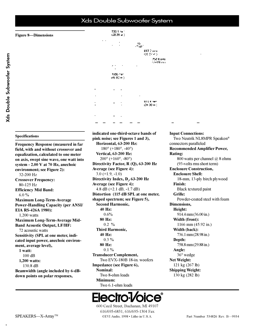 Electro-Voice Speaker manual Crossover Frequency, Maximum Long-Term-Average Mid- Band Acoustic Output, LF/HF 