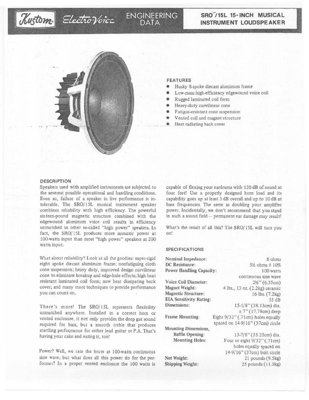 Electro-Voice SRO/15L manual 