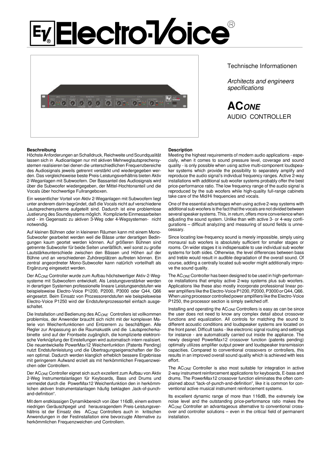 Electro-Voice Stereo System specifications Beschreibung, Description 